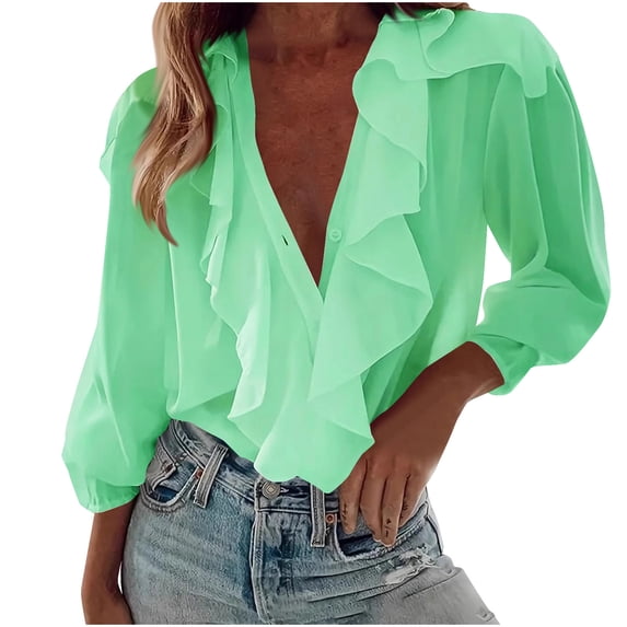 Long Sleeve Chiffon Blouses for Women Ruffle V Neck Button Down Shirts Elegant Party Dressy Tops Solid Casual Office Tunic Shirts Puff Sleeve Holiday Vacation Going Out Tops
