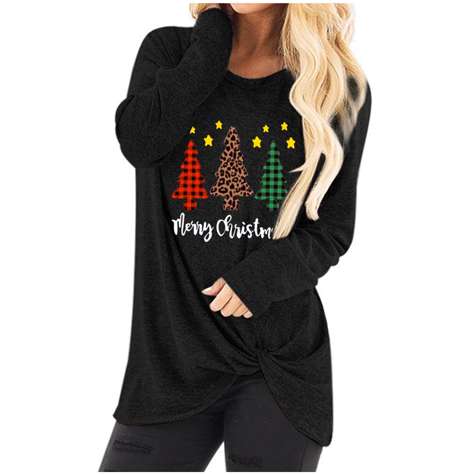 Long Sleeve Christmas Shirts for Women Plus Size Women Fashion Christmas Print Long Sleeve O