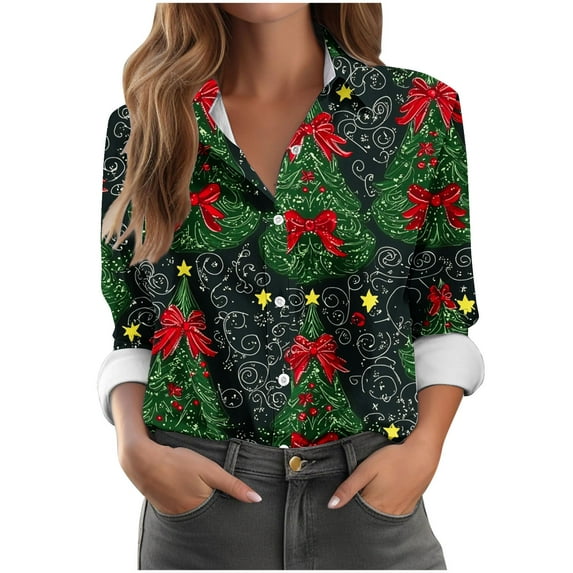 Long Sleeve Christmas Shirts for Women Button Down Plus Size Xmas Festive Tops Xmas Prints Loose Collared Blouses (XL, Green 01)