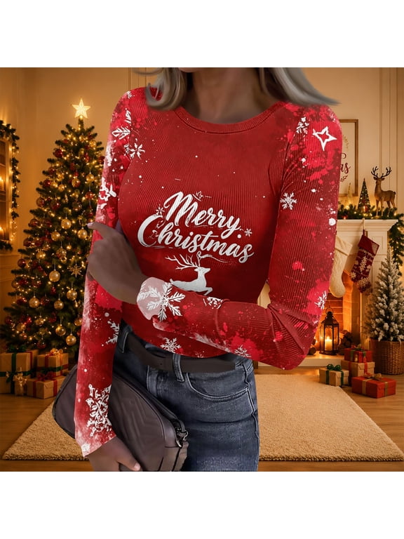 Long Sleeve Christmas Shirts for Women Crewneck Ribbed Knit Shirt with Funny Xmas Printed Christmas Casual Blouses Slim Fit Basic Tee Tops