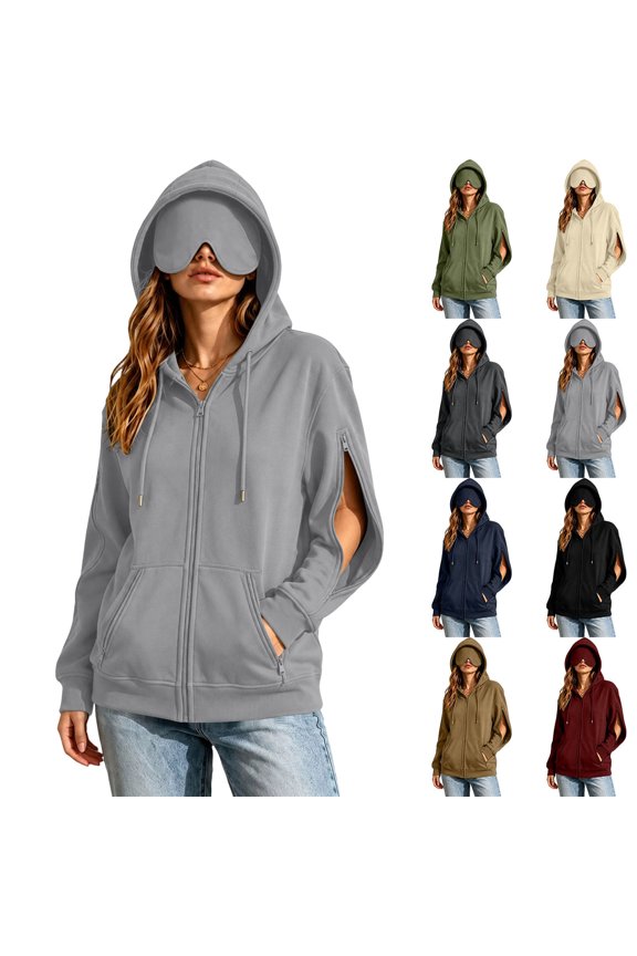 Long Sleeve Coats Lightweight Zip Up Women's Zip Up Hoodie With Built-In Sleep Mask Side Zipper Long Sleeve Soft Hooded Jacket With Pockets Gray L