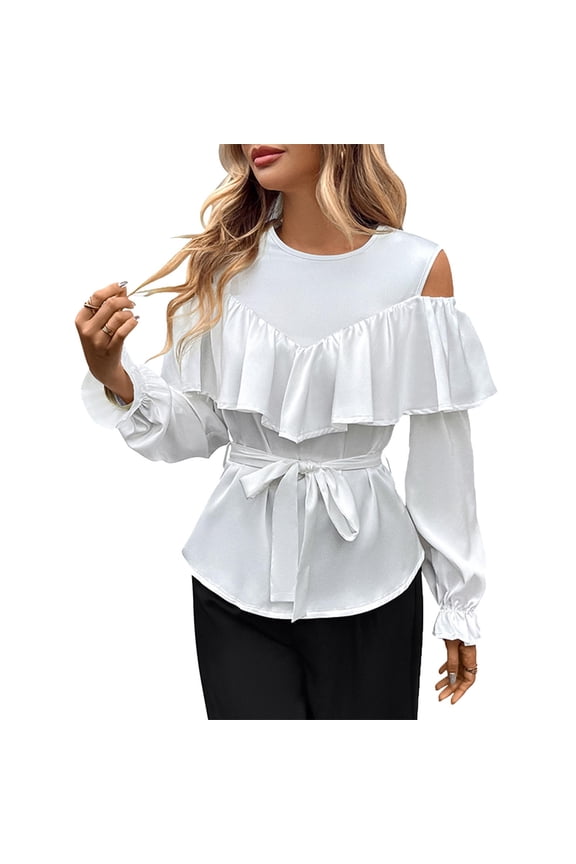 Long Sleeve Cold Shoulder Tops for Women Dressy Ruffle Business Casual Blouse Ladies Loose Belted Waist Office Shirts