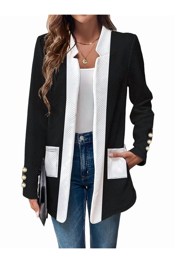 Long Sleeve - Collar Black and White Color Matching Jacket Outfit for Women Basic Fall Winter Black M