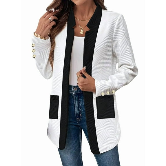 Long Sleeve - Collar Black and White Color Matching Jacket Outfit for Women Basic Fall Winter White S