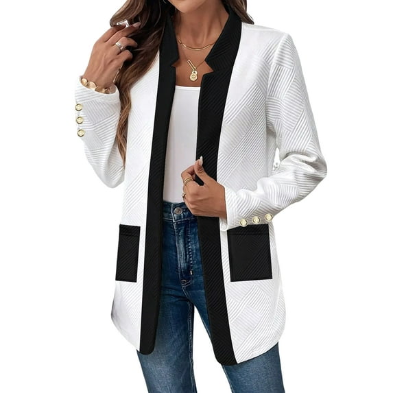 Long Sleeve - Collar Black and White Color Matching Jacket Outfit for Women Basic Fall Winter White S
