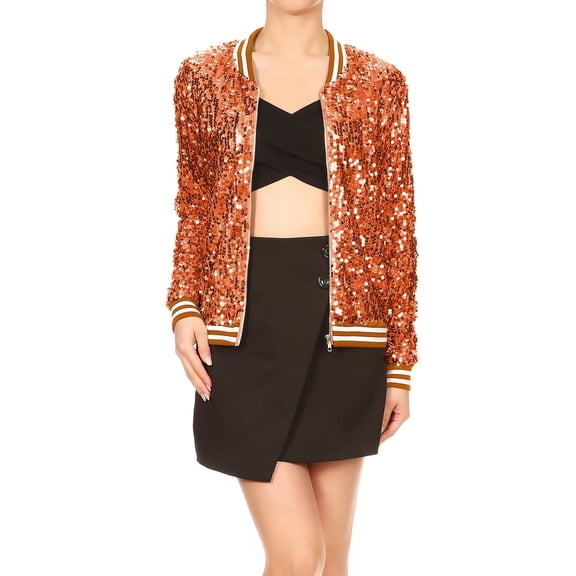 Long Sleeve Collar Sparkle Party Sequin Bomber Metallic Jacket for Women Christmas Eve, Orange, Large