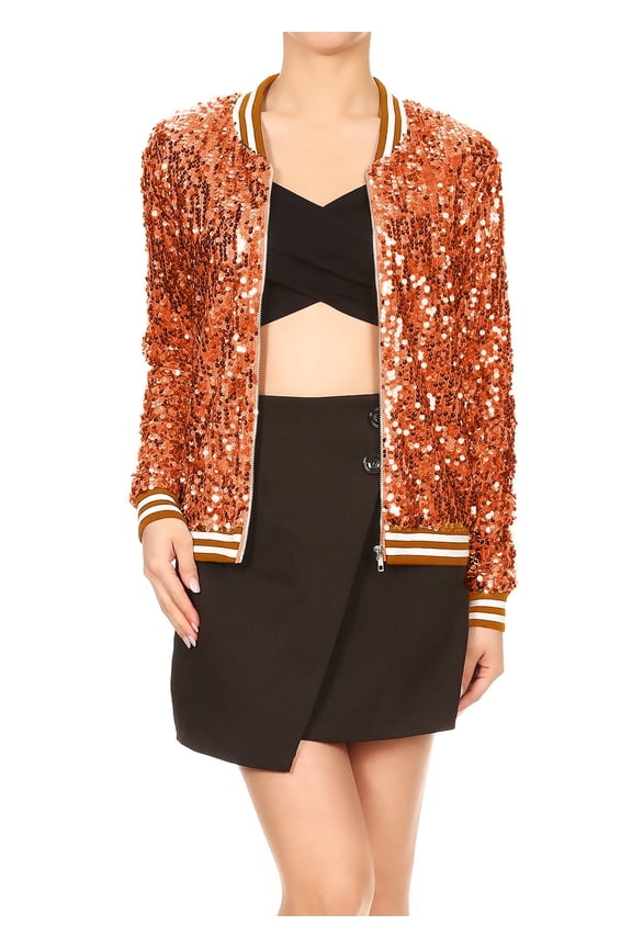 Long Sleeve Collar Sparkle Party Sequin Bomber Metallic Jacket for Women Christmas Eve, Orange, Large