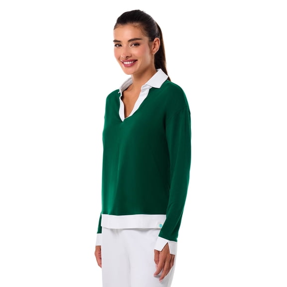Long Sleeve Collared Polo Shirt - UPF 50+ Sun Protection - Fontainebleau 2.0 in Eden Green