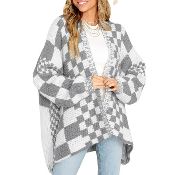 Long Sleeve Color Block Plaid Cardigan Oversized Knit Front Cardigan Jacket Women's Plaid Sweater
