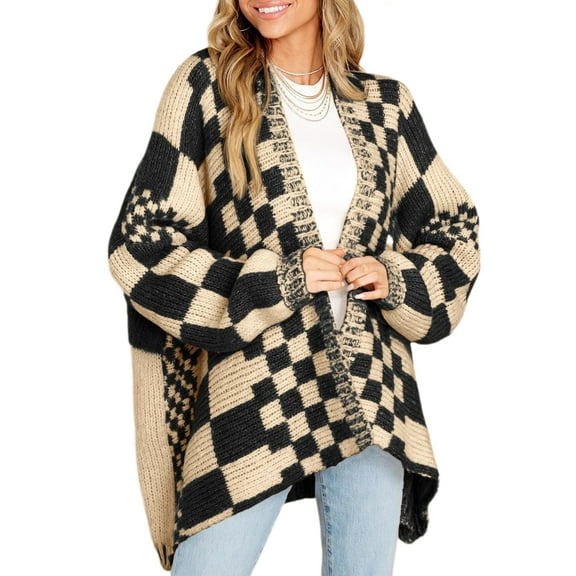 Long Sleeve Color Block Plaid Cardigan Oversized Knit Front Cardigan Jacket Women's Plaid Sweater
