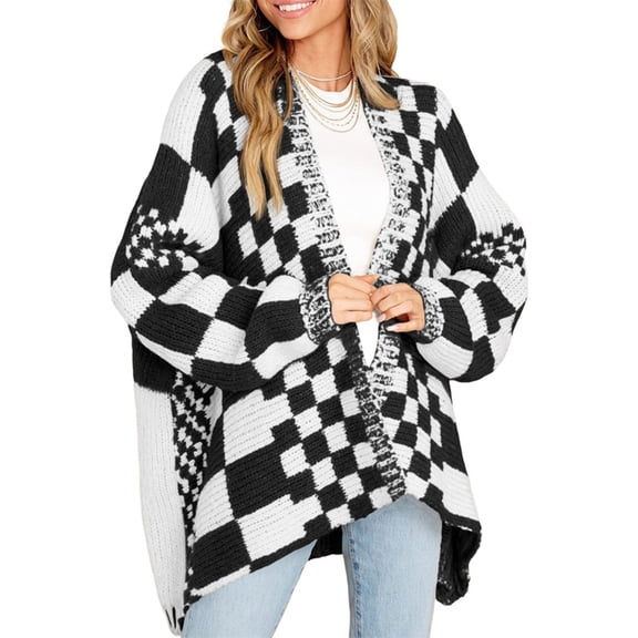 Long Sleeve Color Block Plaid Cardigan Oversized Knit Front Cardigan Jacket Women's Plaid Sweater