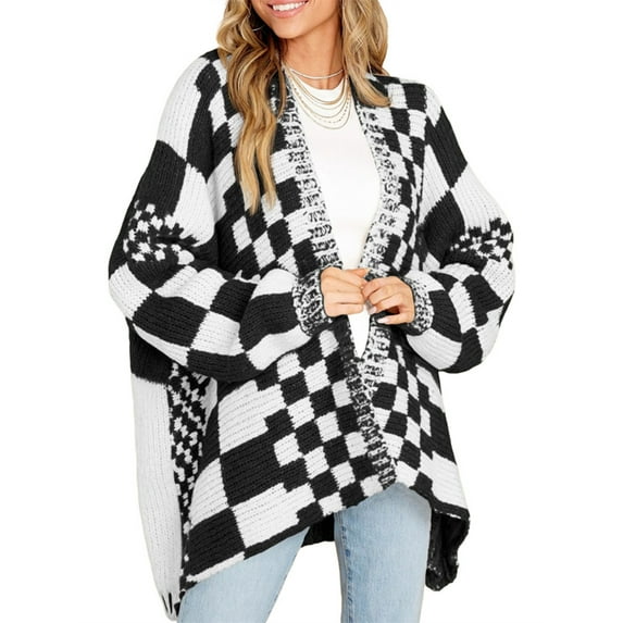 Long Sleeve Color Block Plaid Cardigan Oversized Knit Front Cardigan Jacket Women's Plaid Sweater