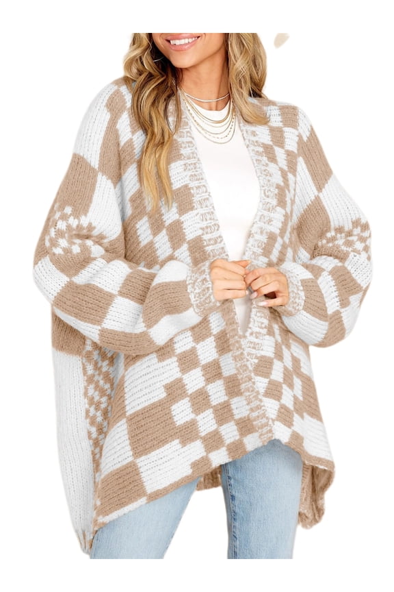 Long Sleeve Color Block Plaid Cardigan Oversized Knit Front Cardigan Jacket Women's Plaid Sweater