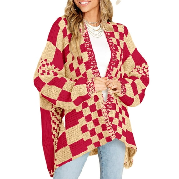 Long Sleeve Color Block Plaid Cardigan Oversized Knit Front Cardigan Jacket Women's Plaid Sweater