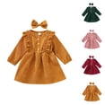 thumbnail image 1 of Long Sleeve Corduroy Pinafore Dress and Headband for Baby Toddler Girls, Ruffled Snap Button Outfit, Princess Party Wear for Fall Winter, 1 of 5