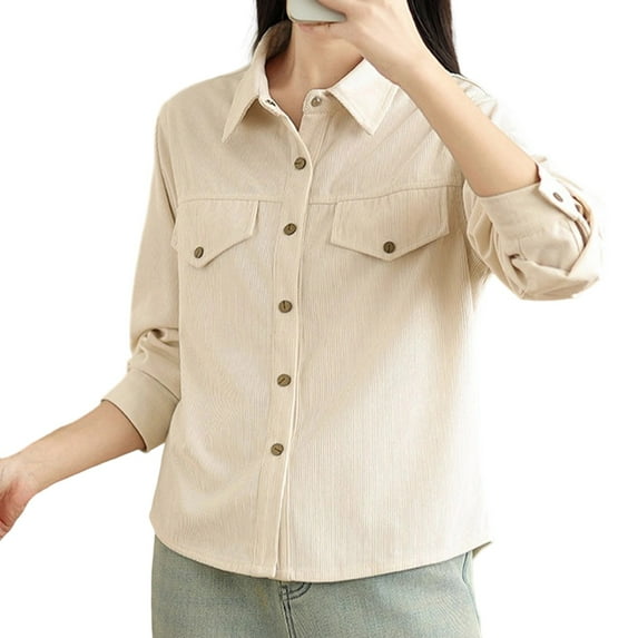 Long Sleeve Corduroy Shirts Women Lapel Collar Shackets Button Down Shirt Blouses Solid Color Fall Casual Outwear (2XL, Beige)