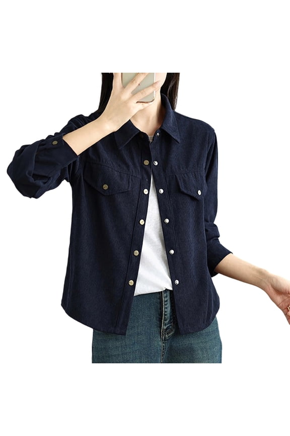 Long Sleeve Corduroy Shirts Women Lapel Collar Shackets Button Down Shirt Blouses Solid Color Fall Casual Outwear (M, Navy)