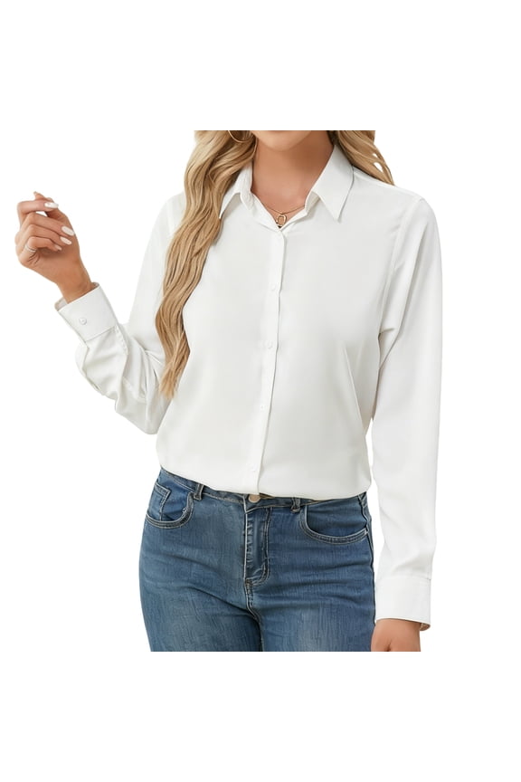 Long Sleeve Cotton Button Up Shirts for Women Wrinkle Free Formal Dressy Shirt Classical White Shirt
