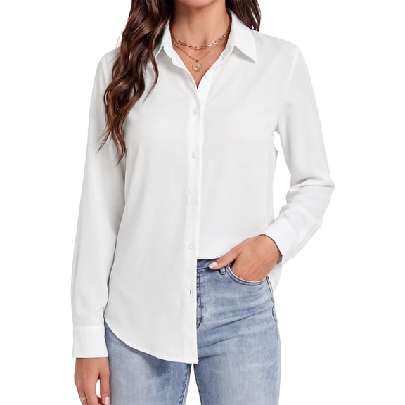 White Dress Shirts For Women Formal Long Sleeve Button Down Shirt Wrinkle Free Regular Fit Work Tops