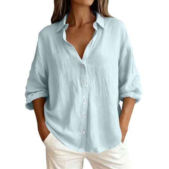 Long Sleeve Cotton Linen Casual Blouse for Women Collared Button Down Loose Fit Solid Color Top for Daily Life Travel and Weekend Wear