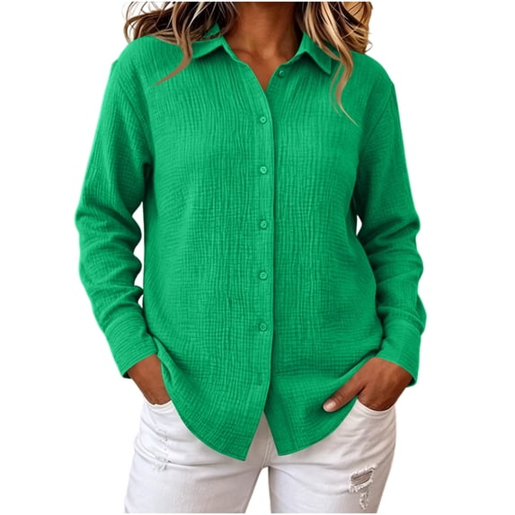 Long Sleeve Cotton Shirts for Women Fall Fashion Loose Fit Solid Color Lapel Shirts Lightweight Buttons Versatile Shirts for Work Daily Casual Outings