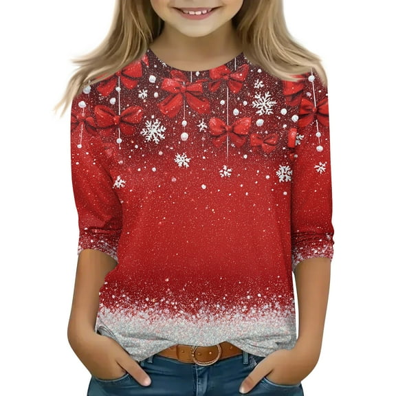 Long Sleeve Crew Neck Pullover Top for Girls with Glitter Bow and Snowflake Print for Holiday and Casual Wear