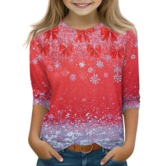 Long Sleeve Crew Neck Pullover Top for Girls with Snowflake and Floral Print Comfortable Casual Wear for Winter Season