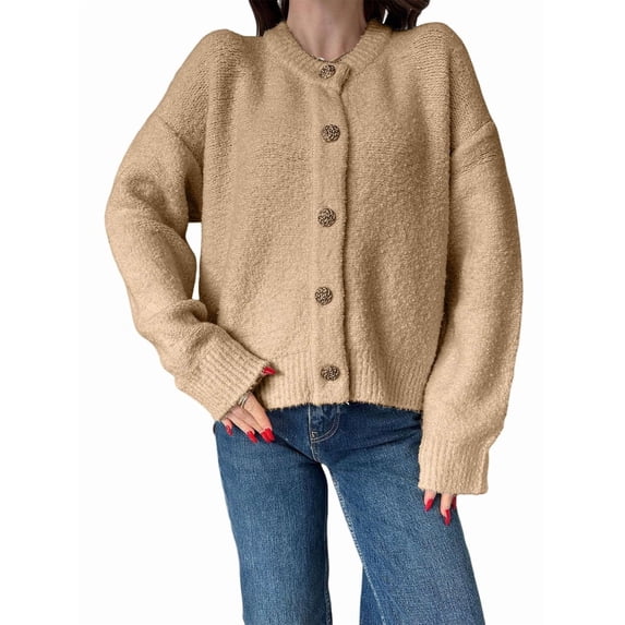 Long Sleeve Crewneck Button Down Womens Sweaters Fall Open Front Chunky Cardigan Sweaters for Women 2025 Deep M