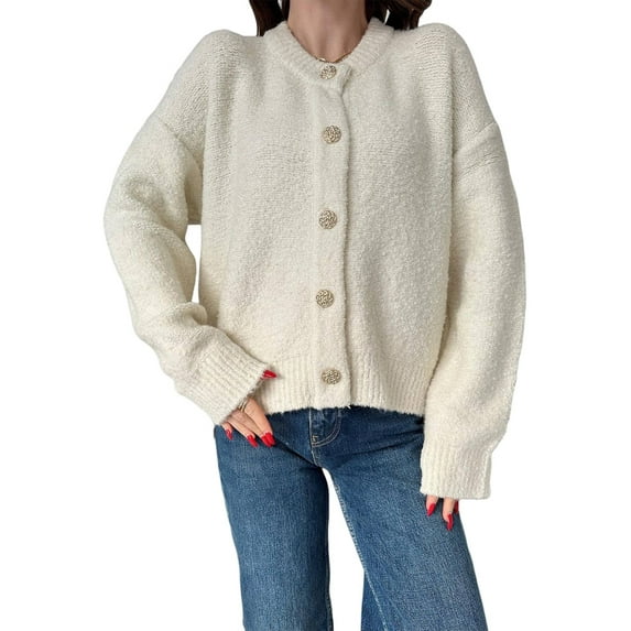 Long Sleeve Crewneck Button Down Womens Sweaters Fall Open Front Chunky Cardigan Sweaters for Women 2025 White XL