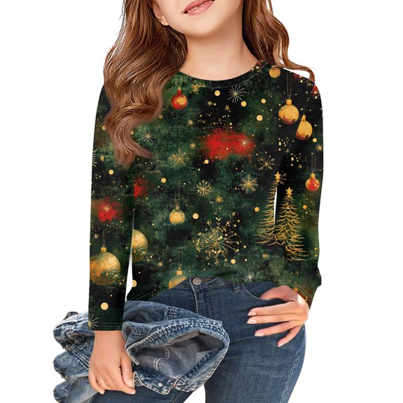 Long Sleeve Crewneck Pullover Christmas Tree and Ornament Print Sweatshirt for Girls Comfortable Soft Top