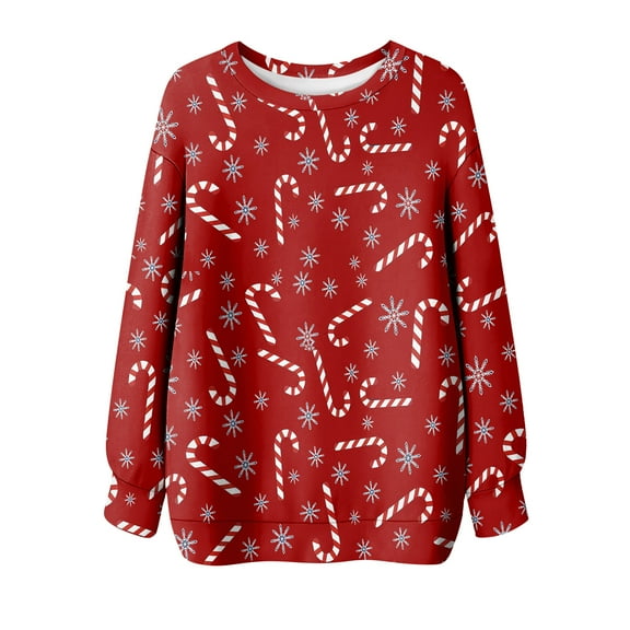 Long Sleeve Crewneck Pullover Sweatshirt with Candy Cane and Snowflake Print for Casual Holiday Wear Unisex Fit Comfortable Material
