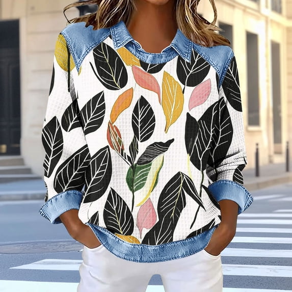 Long Sleeve Crewneck Pullover for Women Faux Denim Collar Leaf Print Sweatshirt Loose Fit Casual Graphic Top Soft Breathable Daily Wear Clothes