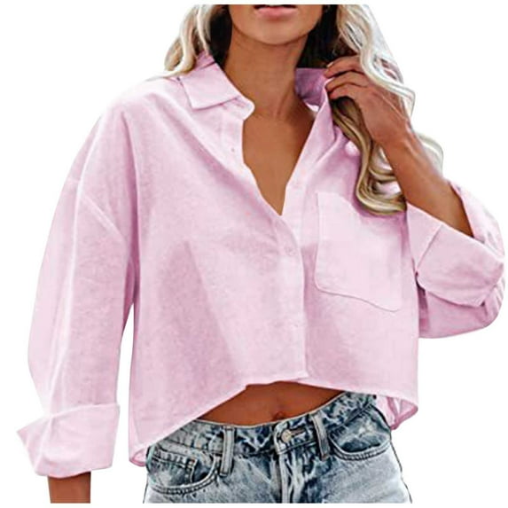 Long Sleeve Crop Shirt for Women Summer Long Sleeve Button-Down Short Shirt Lightweight Cotton Linen Beach Top Blouse