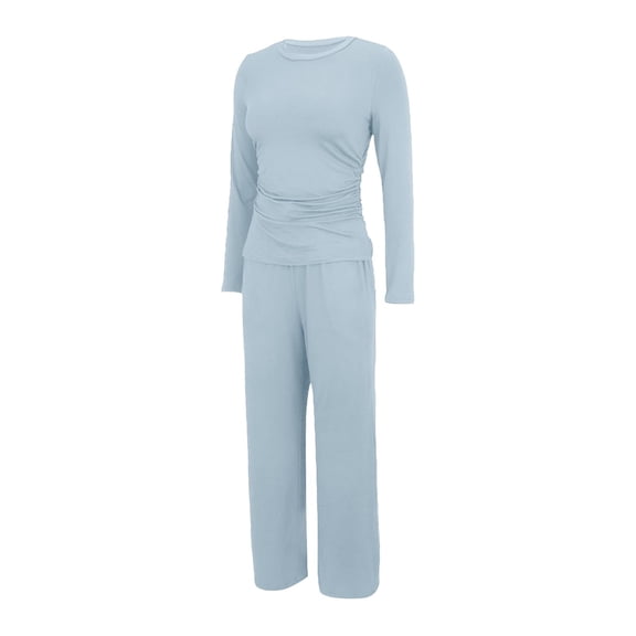Long Sleeve Crop Top and Wide Leg Pants Set, Women’s Two Piece Casual Outfit for Lounge, Travel, Daily Wear, High Waist Lounge Pants with Drawstring, Soft Rayon Blend Jogger Set Sky Blue