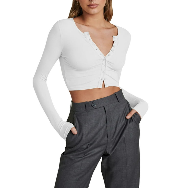 Long Sleeve Crop Top for Women Button Slim Fit Tee Shirt Scoop