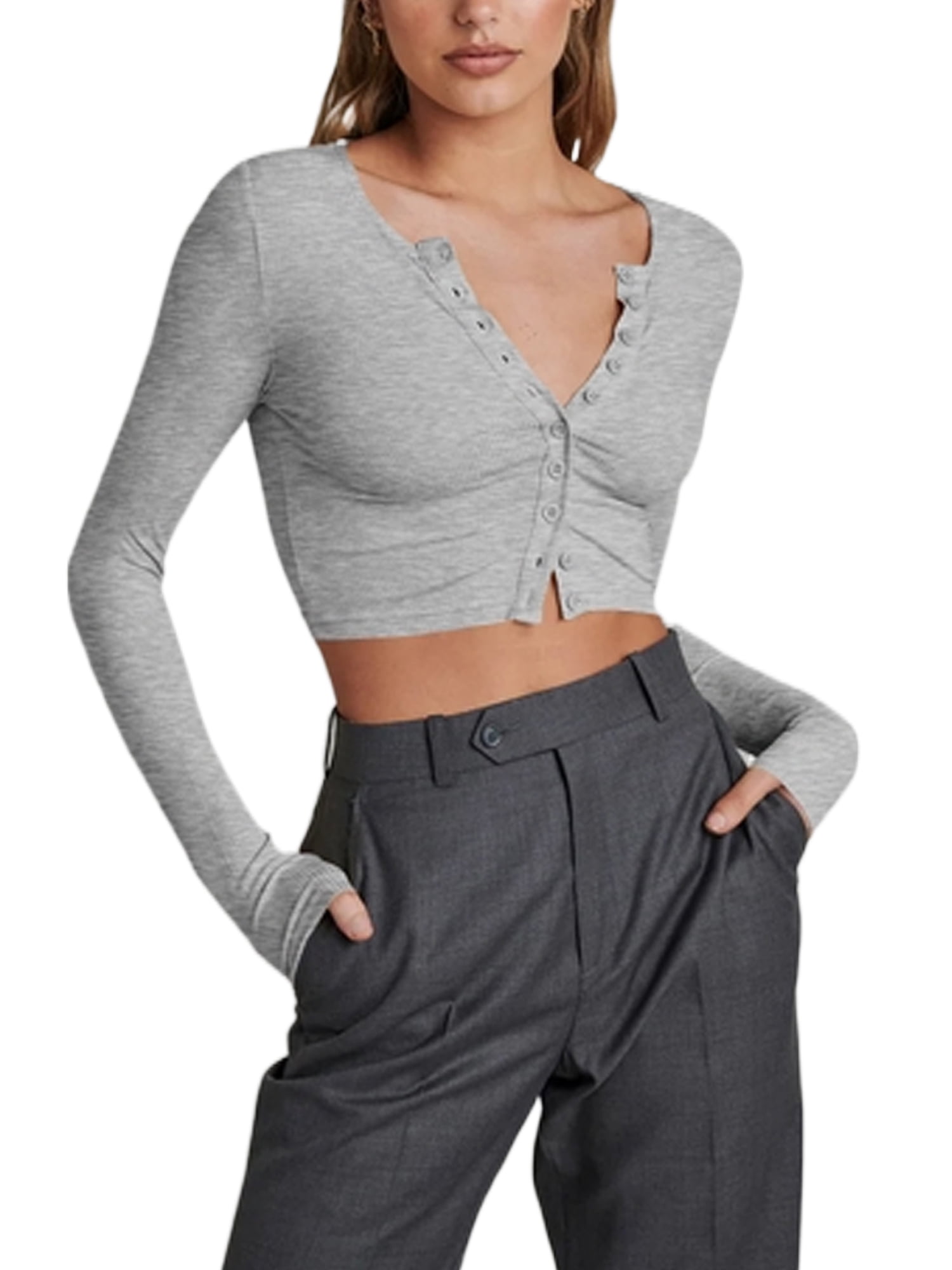 Long Sleeve Crop Top for Women Button Slim Fit Tee Shirt Scoop