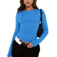 thumbnail image 1 of Long Sleeve Crop Tops For Women Tummy Cross Slim Fitted Athletic Workout V Neck Basic Tee Layering Outfit Long Sleeve Teen Girls Tops Fashion Y2k Juniors Thermal Tight Shirt Blue XS, 1 of 4