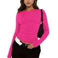 thumbnail image 1 of Crop Tops For Women Cute V Neck Thermal Outfit Teen Girls Basic Tee Juniors Fashion Athletic Long Sleeve Tops Trendy Slim Fitted Y2k Layering Tight Shirt Hot Pink XS, 1 of 4