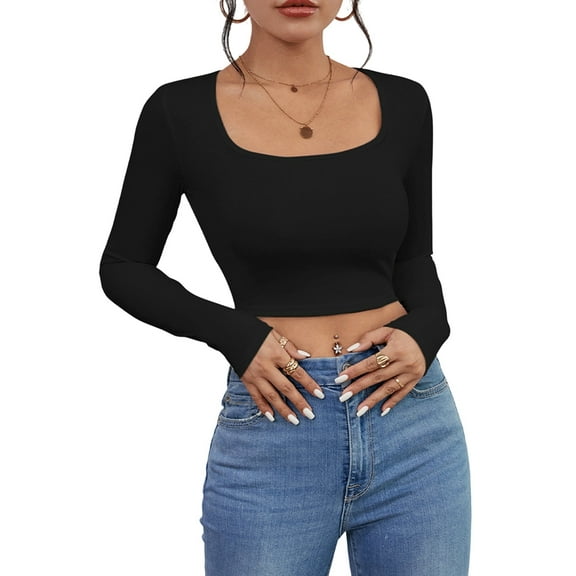 Long Sleeve Crop Tops for Women Ribbed Square Neck Slim Fitted Casual Lady Fashion Top Black XS