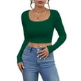 thumbnail image 1 of Long Sleeve Crop Tops for Women Ribbed Square Neck Slim Fitted Casual Lady Fashion Top Dark Green XS, 1 of 5