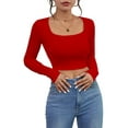 thumbnail image 1 of Long Sleeve Crop Tops for Women Ribbed Square Neck Slim Fitted Casual Lady Fashion Top Red XS, 1 of 6