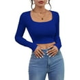 thumbnail image 1 of Long Sleeve Crop Tops for Women Ribbed Square Neck Slim Fitted Casual Lady Fashion Top Royal Blue M, 1 of 7