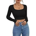 thumbnail image 1 of Long Sleeve Crop Tops for Women Ribbed Square Neck Slim Fitted Casual Lady Fashion Top, 1 of 5