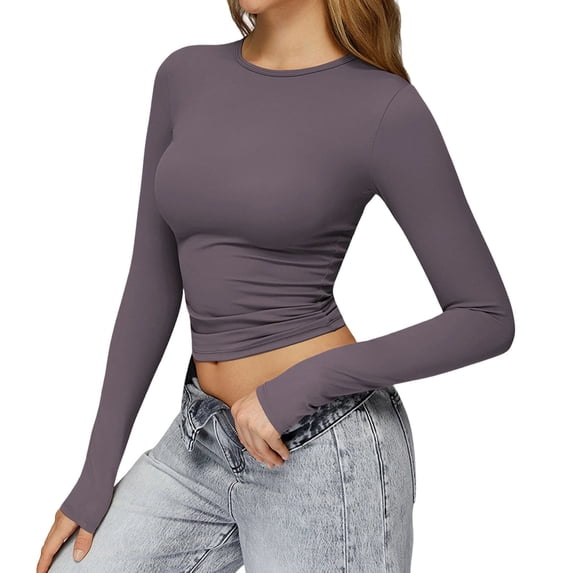 Long Sleeve Crop Tops for Women Slim Fit Quick Dry Lightwieght Workout Clothes Stretch Yoga Gym Base Tee Shirt (XS, Purple)