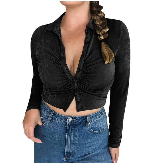Long Sleeve Crop Tops for Women Velvet Buttons Lapel T-Shirts Short Tee Shirts Slim Fit Solid Juniors Tops Black,M