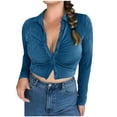 thumbnail image 1 of Long Sleeve Crop Tops for Women Velvet Buttons Lapel T-Shirts Short Tee Shirts Slim Fit Solid Juniors Tops Blue,L, 1 of 8