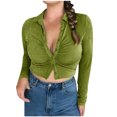 thumbnail image 1 of Long Sleeve Crop Tops for Women Velvet Buttons Lapel T-Shirts Short Tee Shirts Slim Fit Solid Juniors Tops Green,L, 1 of 8