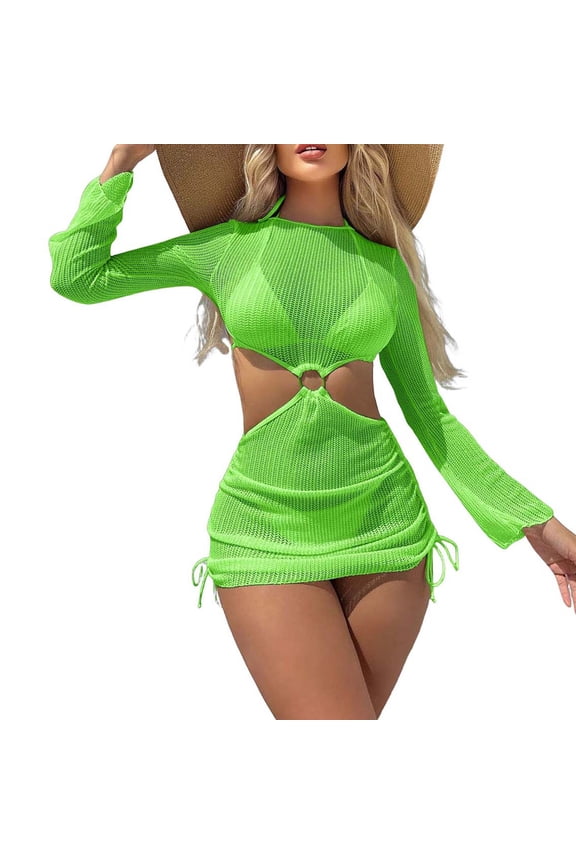 Long Sleeve Cutout Mesh Cover Up Mini Dress for Women Ring Connect Drawstring Side Design Sheer Beachwear for Bikini Summer Getaways
