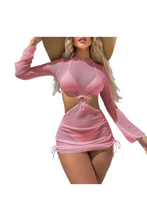 Long Sleeve Cutout Mesh Cover Up Mini Dress for Women Ring Connect Drawstring Side Design Sheer Beachwear for Bikini Summer Getaways
