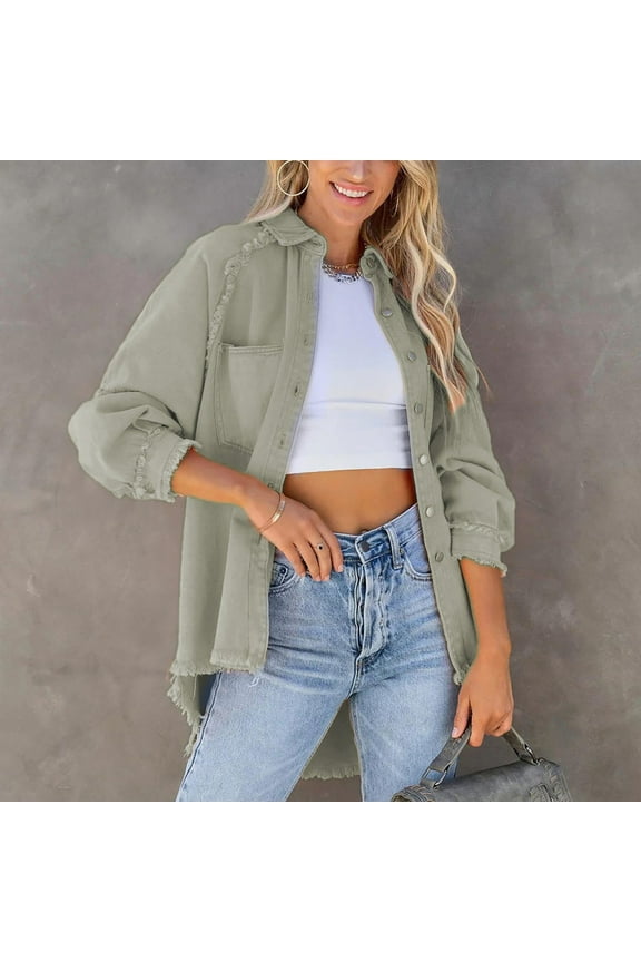 Long Sleeve Denim Jacket Oversized Lapel Button Up Shacket Casual Boyfriend Western Trucker Jean Jackets Woman's Clothes Business Casual Coat for Women Woman plus Jackets Dress Jackets for Women